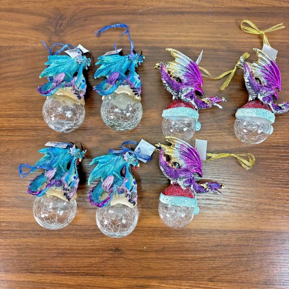 Mystical Dragons Holiday Ornaments on Crystal Ball and Resin Dragons‎ Lot of 7